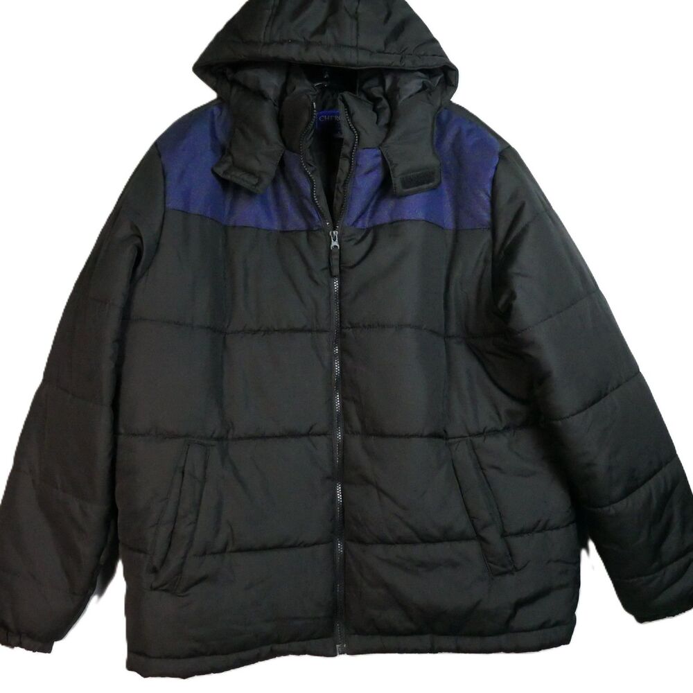 Cherokee Mens Size L  Black w Blue Hooded Puffer Jacket Full Zip